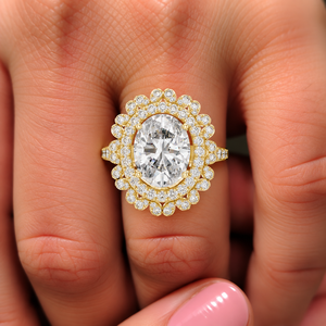 Bague de fiançailles en or massif 14K 18K avec diamant de laboratoire taille ovale, double halo floral, certifiée IGI DEF VVS, vente en gros - Product Image 2
