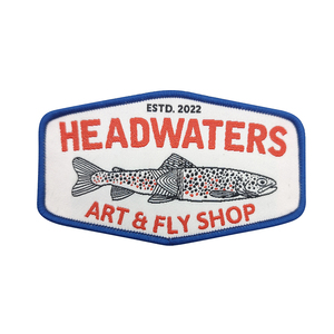 Hexagonal Shape Trout Fish Customized Woven Logo Patches with Blue Stitched Border for Fishing Gear and Art Lovers - Product Image 1
