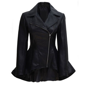 Veste Peplum Asymétrique en Cuir d'Agneau Véritable pour Femme, Coupe Slim, Style Motard avec Taille Évasée - Product Image 1