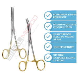 Wholesale Manufacturing Quality Medic <b>Instrument</b> Straight and Curved Hemostatic Kelly Forcep set of 2pieces with Gold handle - Product Image 5