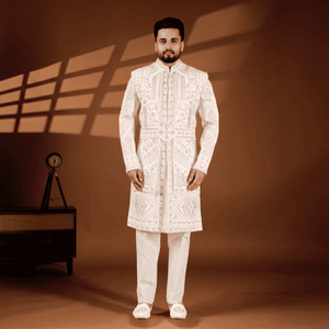 Pearl Kamarbandh Pattern Wrinkle <b>Free</b> Mandarin Collar Festive Wedding Mens Sherwani Premium Divine Touch Base Pastel Dhaga Groom - Product Image 1