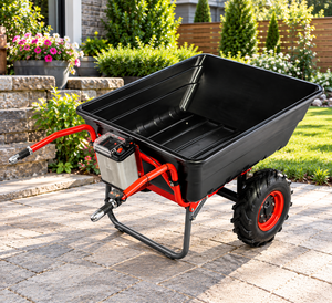 Brouette robuste à double roue en plastique noir avec cadre métallique rouge, chariot manuel pour jardin et construction, vente en gros OEM - Product Image 1