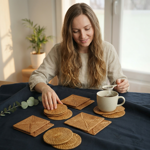 Ensemble de sous-verres en bois de qualité supérieure avec un design classique, fabriqués à la main et de qualité alimentaire, offrant une finition naturelle pour une variété de présentations de table - Product Image 1