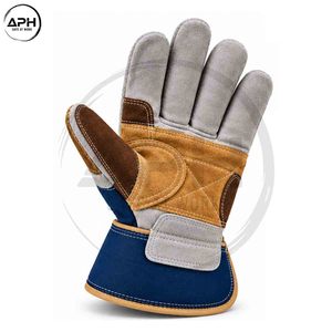 Guantes de Trabajo de Cuero Azul Marino, Color Bronceado y Gris con Parche de Refuerzo en el Pulgar, Palma Reforzada y Puño Ancho Personalizados - Product Image 4