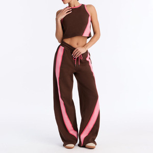 Conjunto Deportivo de Dos Piezas para Mujer, Corte Holgado, Rayas Marrón y Rosa, Top Corto sin Mangas, Pantalones Anchos, Transpirable, para Todas las Temporadas - Product Image 1