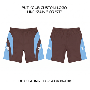 Shorts coupe-vent décontractés haut de gamme en polyester 110 GSM, marron et bleu, avec empiècements latéraux incurvés, logo personnalisé imprimé, vêtements de sport - Product Image 1