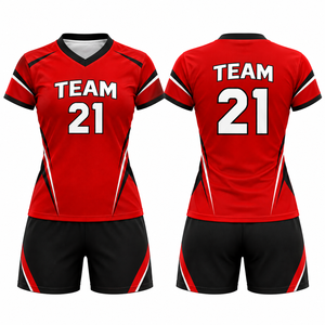 OEM Custom Sublimated <b>Women</b> Volleyball Uniform Club Team V-Neck Short Sleeve Breathable Quick Dry Polyester/Cotton Elastic Waist - Product Image 1