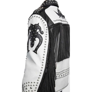 Premium White Genuine Leather Men <b>Rhinestone</b> Fringe <b>Jacket</b> Studded Flame Style Moto Biker <b>Jacket</b> OEM Customization Available - Product Image 4