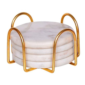 Luxury Round White <b>Marble</b> <b>Coaster</b> Set of 6 with Gold Metal Holder Eco-Friendly Drink <b>Coasters</b> Cup Mat for Home Decor Wholesale - Product Image 6