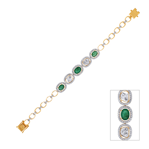 Elegant 18K Gold Emerald and Diamond Oval Link <b>Bracelet</b> with Alternating <b>Gemstone</b> Motifs - Product Image 1
