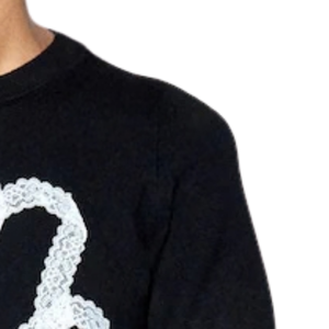 Suéter de punto de manga corta supersuave con lazo de encaje negro para mujer, jersey casual de cuello redondo con diseño de dobladillo acanalado - Product Image 3