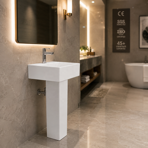 Lavabo sur pied rectangulaire pour salle de bain avec robinet à levier monotrou, drain NSF, design minimaliste, en céramique blanche polie, à poser au sol - Product Image 5