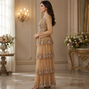 Luxury Beige Floral Embroidered Maxi Dress Women V Neck Long Sleeve Tiered Tulle Gown Beaded Wedding Party Formal Bridal Evening - Product Image 2
