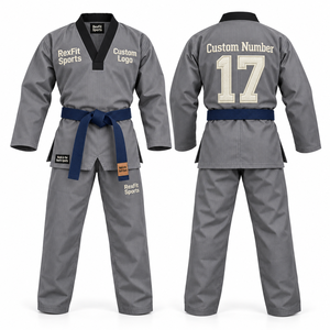 Conjunto de Dobok de Taekwondo al por Mayor para Adultos Unisex, Uniforme de Cuello en V de Mezcla de Algodón con Cinturón y Pantalones Largos, Uniforme Personalizado OEM - Product Image 2