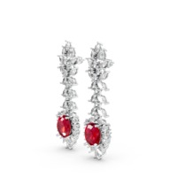 925 Sterling Silber Roter Rubin Ovaler Edelstein Lange Tropfen-Ohrringe Marquise Moissanit Luxuriöse Florale Halo Braut-Statement-Ohrringe nach Maß