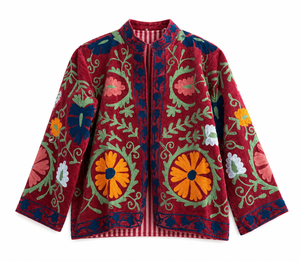 Women's Red Suzani Velvet Embroidered Floral <b>Reversible</b> Finished <b>Jacket</b> Cotton Lining Stand Collar Full Sleeve Winter Outerwear - Product Image 3