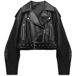 CUSTOM Women's Black <b>Leather</b> Motorcycle Jacket SF 125 Asymmetric Zip Lapel Collar <b>Belted</b> Long Sleeve Regular Quick Dry Lambskin - Product Image 2