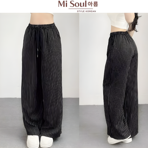 High Quality Women Loose Fit Striped Pants Elastic Waist Breathable Casual Long <b>Trousers</b> Custom Logo - Product Image 5