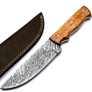 Cuchillo de caza de acero de Damasco con hoja de punta caída y borde dentado, mango de madera, hecho a mano, cuchillos OEM en venta a precio razonable - Product Image 3