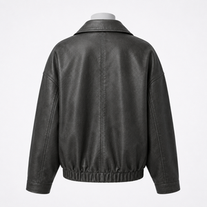 Chaqueta Bomber de Cuero Genuino para Mujer, Cuello Camisero, Manga Larga, Cierre de Cremallera, Color Sólido, Largo Regular, Estilo Otoñal - Product Image 5