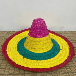 Chapeaux de paille traditionnels Sombrero à pompons, design rayé, tour de tête 60-62 cm, couleur paille vive, pour la fête, la plage, l'été - Product Image 1