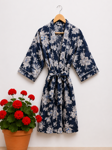 Bata Kimono de Algodón 100% con Estampado Floral, Cuello en V, Cierre con Cordón, Manga 3/4, Largo hasta el Tobillo para Mujer, Ligera, para Verano, Spa, Playa - Product Image 1
