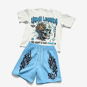 Custom Acid Washed Sun Faded Heavy T Shirt Shorts with Drawstring Solid 100% Organic Cotton Quick Dry Shirt <b>Set</b> for Summer - Product Image 1