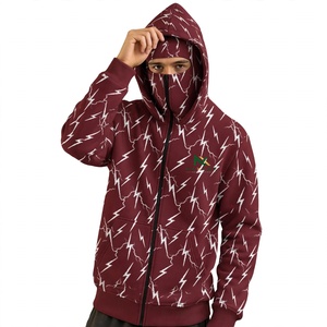 NEXTEX เสื้อฮู้ดมีซิปแบบยูนิเซ็กส์ลายสายฟ้า สีมารูน พร้อมหน้ากากนินจาสีขาว - Product Image 1