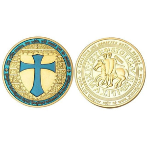 Moneda Conmemorativa Personalizada de los Caballeros Templarios, Diseño de Dos Caballeros a Caballo con Cruz Azul en Tono Dorado, Recuerdo Conmemorativo - Product Image 1