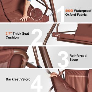 Fauteuil balançoire d'extérieur 3 places avec auvent réglable, coussin épais amovible, balançoire de véranda convertible avec caractéristiques durables - Product Image 5