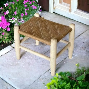 Rustic Bamboo <b>Stool</b> with Rattan Seat Handmade Minimalist Design Durable & Portable Home Ottoman Furniture Bony Inlay Console - Product Image 1