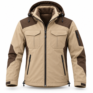 Veste d'hiver softshell pour homme avec logo OEM, pour la chasse et les voyages, capuche amovible, doublure polaire, deux tons, multi-poches - Product Image 1