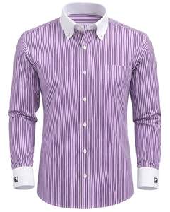 Camisa de Vestir para Hombre, Corte Slim, Rayas Blancas y Moradas, Manga Larga, Cuello y Puños en Contraste, Formal, para Oficina, Mezcla de Algodón, OEM - Product Image 1