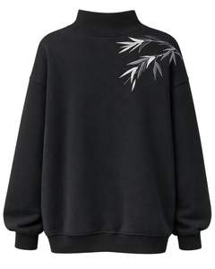 Sudadera Oversize de Forro Polar para Mujer Negra, Cuello Alto, Bordado de Bambú, Casual, Cálida para Invierno, Algodón Poliéster, Ajuste Holgado - Product Image 2