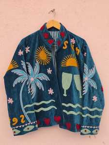 เสื้อแจ็คเก็ตกำมะหยี่สีน้ำเงินเขียวขจีปักลายซูซานี งานแฮนด์เมดระดับพรีเมียม ลายพระอาทิตย์ สไตล์โบโฮ คาร์ดิแกนสำหรับผู้หญิง ชุดสวยงามสไตล์ยูนิเซ็กส์ เสื้อคลุม - Product Image 6