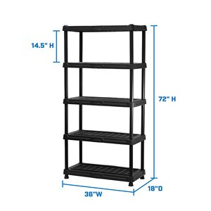 Estantes de Almacenamiento para Garaje, 5 Niveles, Plástico Resistente, 36'' de Ancho x 18'' de Profundidad x 72'' de Alto, Capacidad de 750 lb, Color Negro - Product Image 3