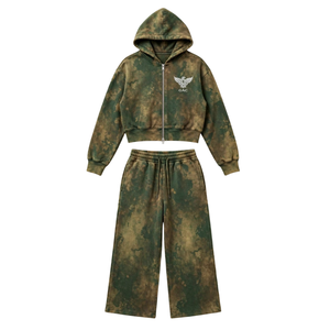 <b>Womens</b> Winter XXS Acid Wash Zip up Hoodie and Wide Leg <b>Shorts</b> Two Piece Streetwear Tracksuit <b>Set</b> 100% Cotton Fleece Eco-Friendly - Product Image 1