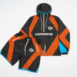 High Quality Men's Nylon Hooded <b>Zip</b> Up Pullover Jacket <b>Shorts</b> Set Lightweight Waterproof Custom Casual Windbreaker - Product Image 1