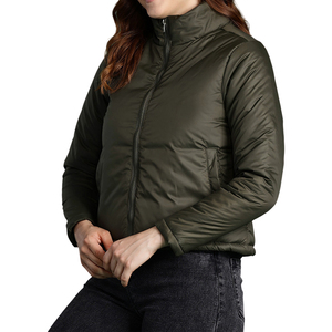 Women's Olive Green Puffer Jacket Stand Collar Windproof Casual Outerwear Regular Length Polyester Shell - Product Image 1