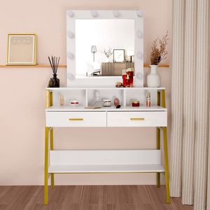 Tavolo da Trucco Illuminato a LED con 2 Ripiani Portaoggetti, Scrivania in Legno per Camera da Letto - Product Image 3