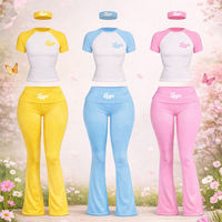 Ensemble loungewear Y2K sexy pour femmes : T-shirt court raglan basique coloré et pantalon legging pliable deux pièces