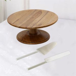 Wooden Cake Stand with Server <b>Set</b> Rustic Round Pedestal Dessert Display Holder with Cake Knife and Shovel for Wedding Birthday - Product Image 1