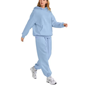 Women's Light Blue Loose Hooded <b>Sweatshirt</b> and Jogger Pants Two Piece Tracksuit Set - Product Image 1