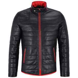 Chaqueta Acolchada de Cuero Negra para Hombre con Ribete Rojo, Cuello Alto y Cierre de Cremallera, Producto Terminado para la Temporada de Invierno - Product Image 1