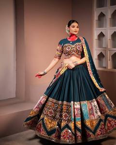 Traditional Muslin Cotton Lehenga Choli Dupatta Digital Print <b>Mirror</b> Work Real Lace Women Diwali Party Wedding Outfit - Product Image 1
