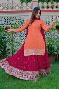 Ensemble Sharara Plazza pour femme en Faux Georgette, richement brodé, avec Dupatta, robe ethnique traditionnelle de mariage à manches longues, effet froissé - Product Image 4