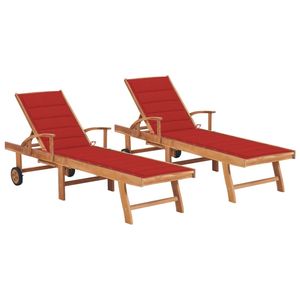 Lettino in 2 pezzi in legno di Teak massiccio con cuscino rosso mobili da esterno resistenti - Product Image 1