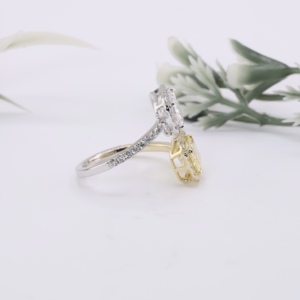Two Tone Gold Toi Et Moi Emerald Cut White and Fancy Yellow Lab Grown <b>Diamond</b> Halo Bypass <b>Ring</b> Fine Jewelry For Women - Product Image 3