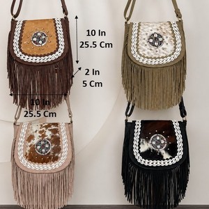 Nouveau sac bandoulière en daim de vachette véritable de qualité supérieure pour femme, style western bohème, avec rabat en pierre et pompons - Product Image 3