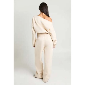 Conjunto de Sudadera Corta de Color Sólido para Mujer con Cuello Redondo, Hombros Caídos y Pantalones Anchos, Ropa Casual de Dos Piezas - Product Image 2